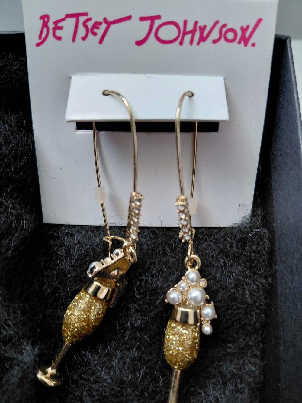 Betsey Johnson Gold Glitter Champagne Flute Drop Earrings with Pearls